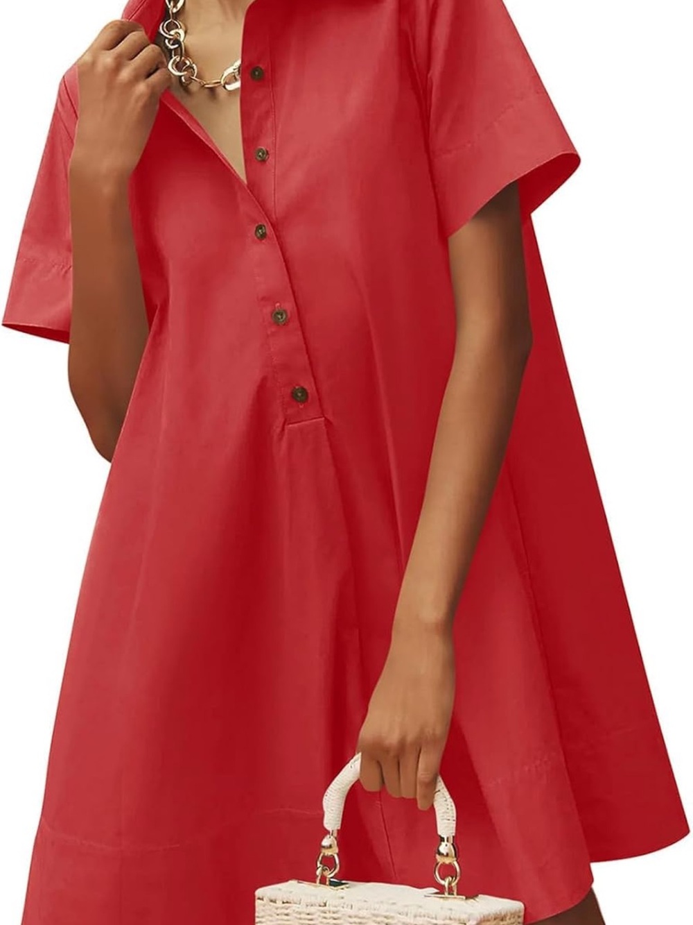 Red Short Sleeve A-Line Shirt Dress